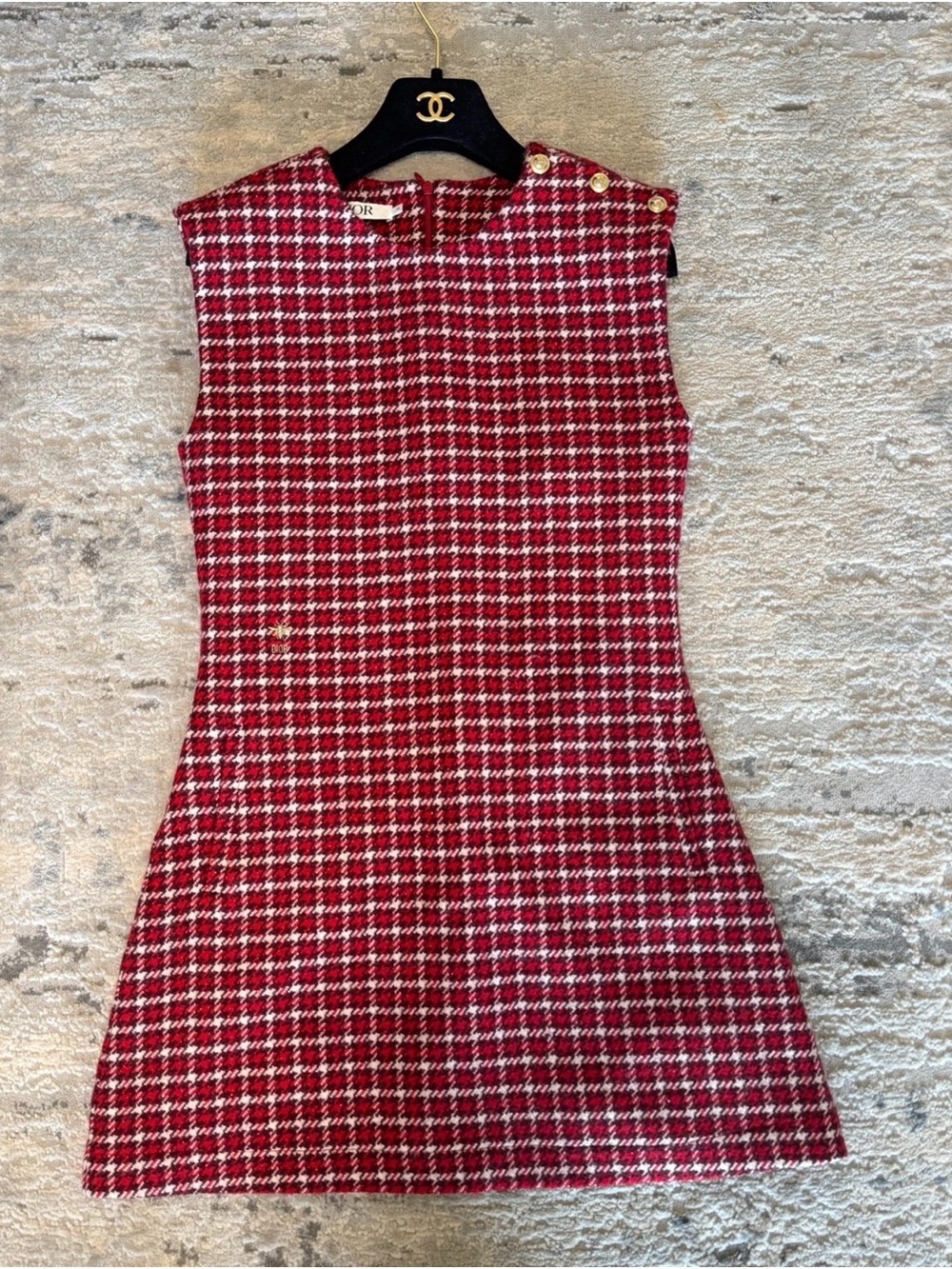 🚩steal Dior Red and White Tweed Sleeveless Mini Dress with Gold Buttons